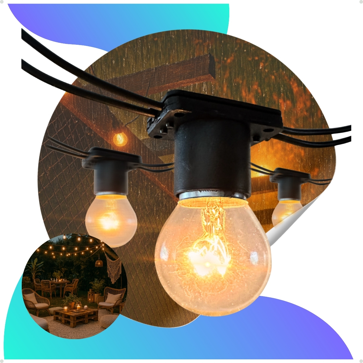 Ambiente externo iluminado por varais de luz